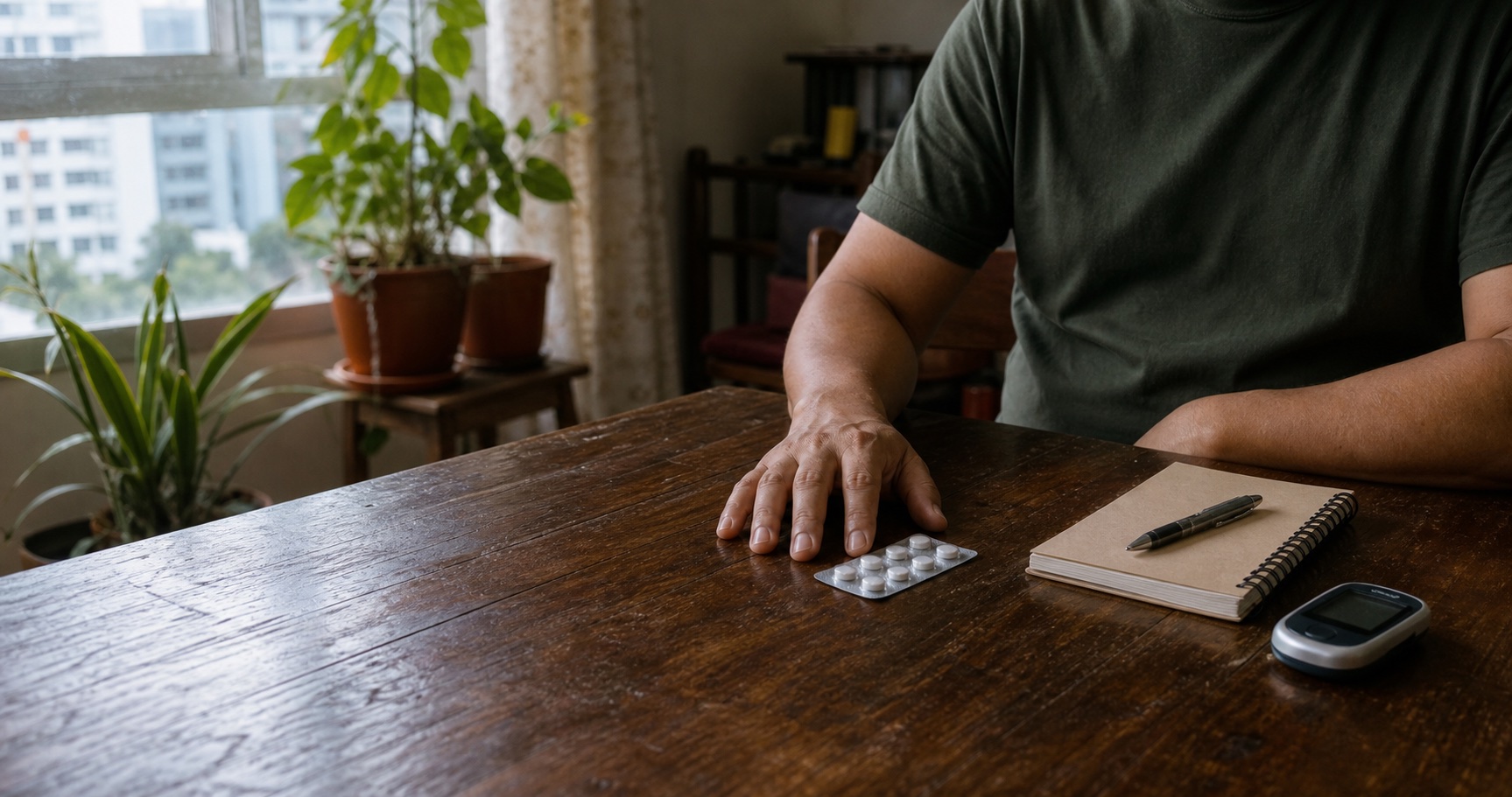 An adult Southeast Asian person sits at a wooden kitchen table, one hand between an unbranded medication blister, a blank notebook, and a switched-off glucose meter.