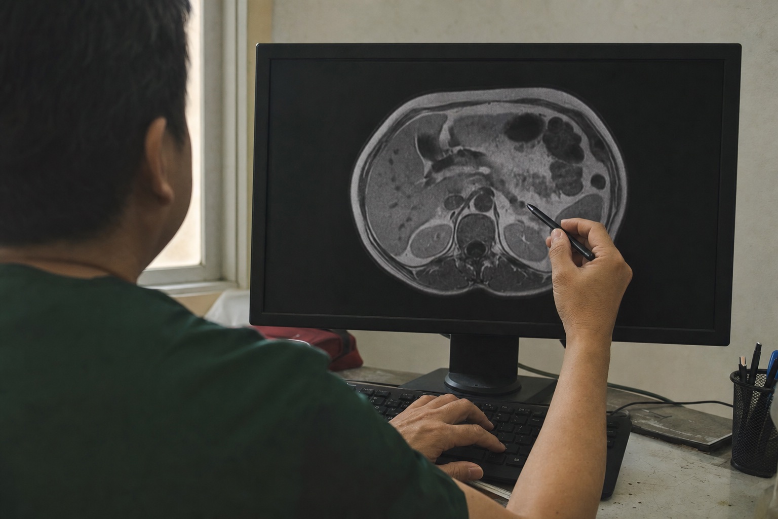 A clinician reviews an anonymised abdominal scan on a monitor and points towards the liver and pancreatic region with a pen.