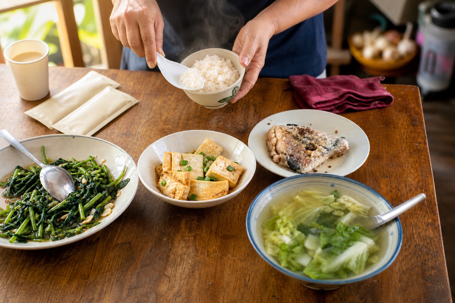 Hands serve rice beside leafy greens, tofu, fish, soup, and plain unbranded formula sachets on a Malaysian table.