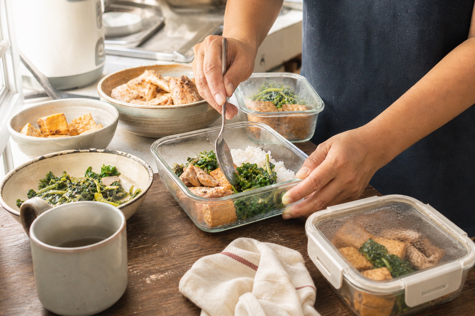 Hands pack several glass containers with rice, greens, tofu, and fish or chicken in a bright home kitchen.
