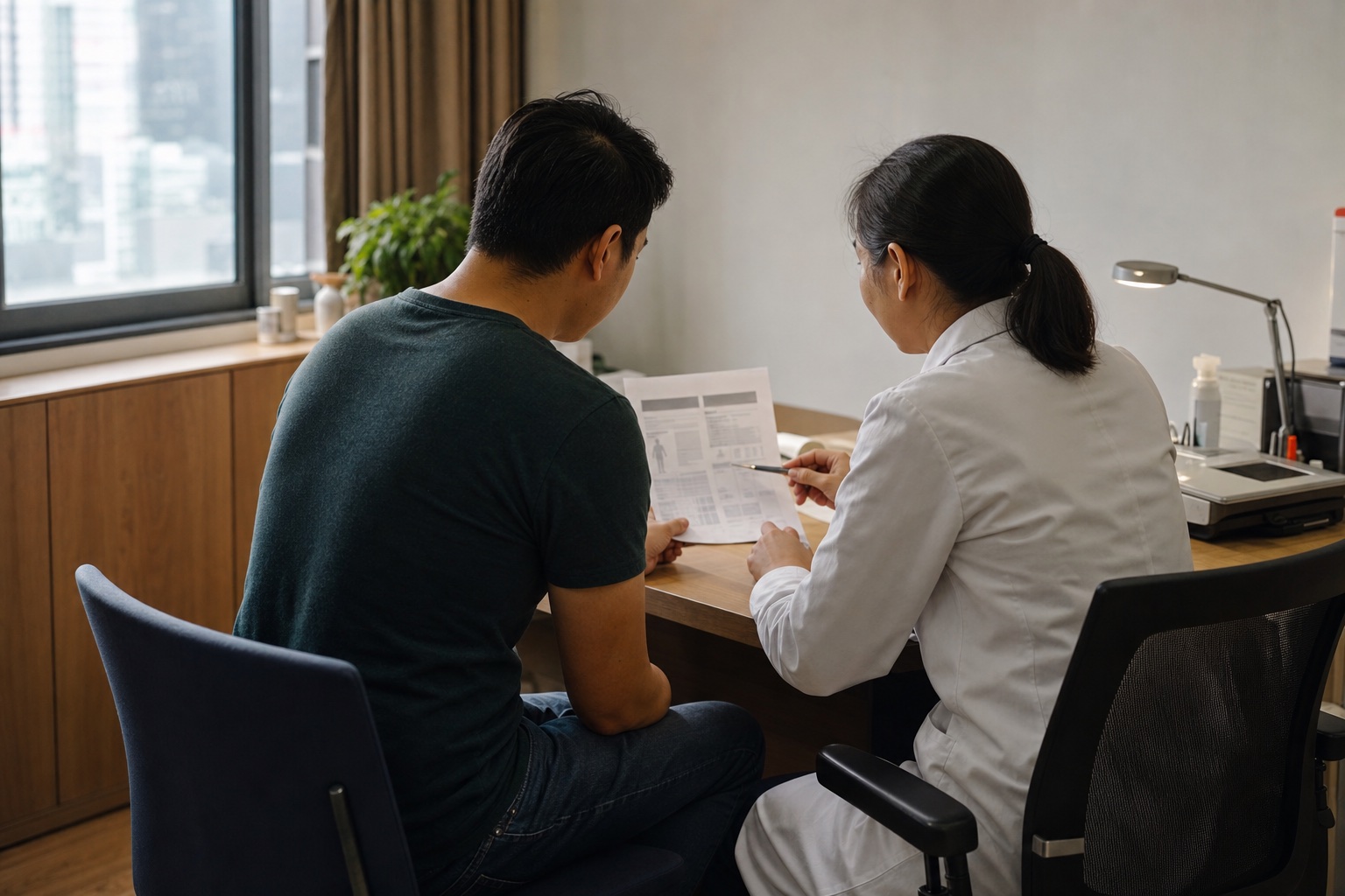 A normally built Asian adult and a clinician sit side by side reviewing an anonymous health report.