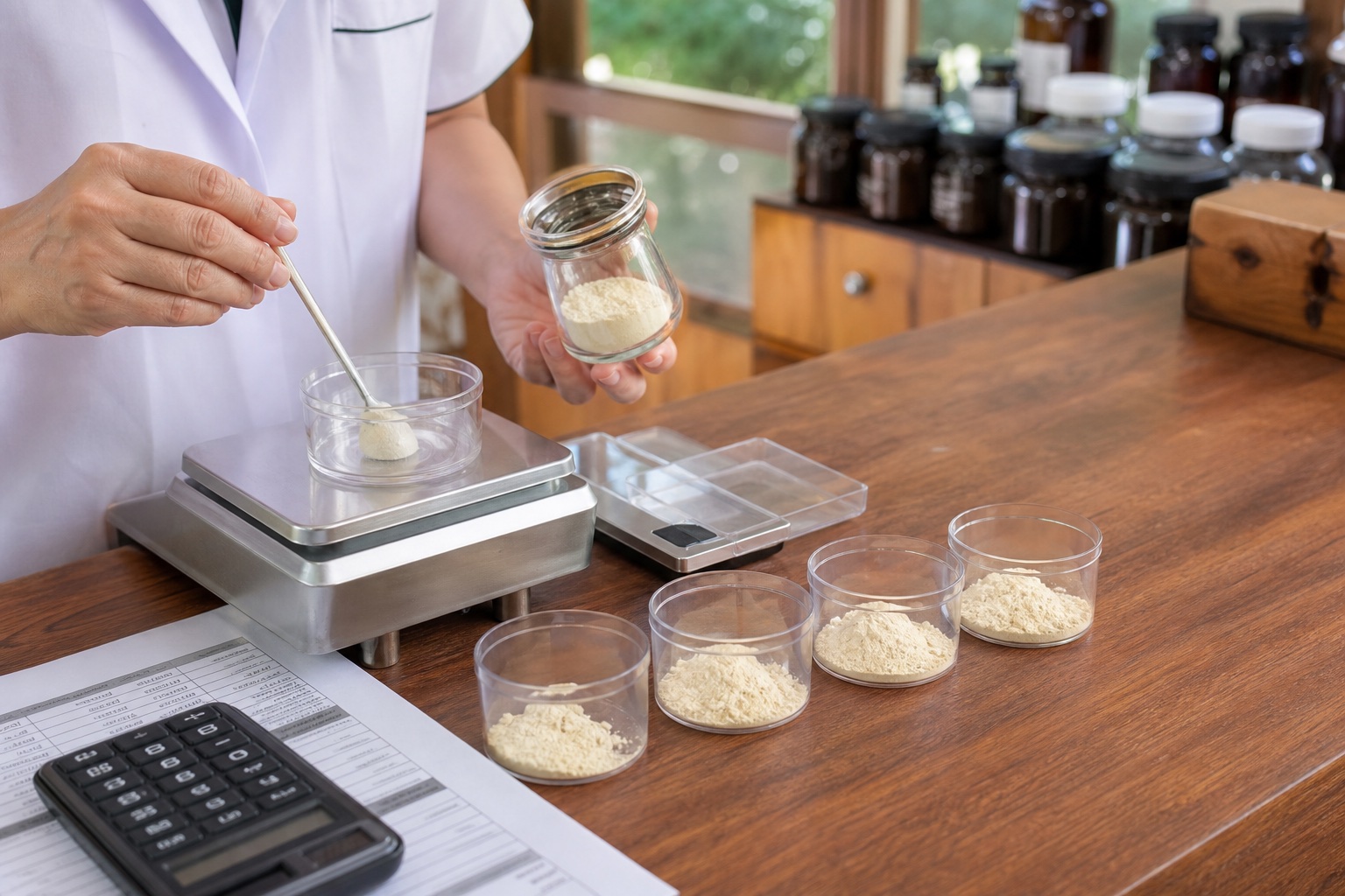 A practitioner measures the same nutrient powder into four clear cups in increasing amounts using a precision scale.