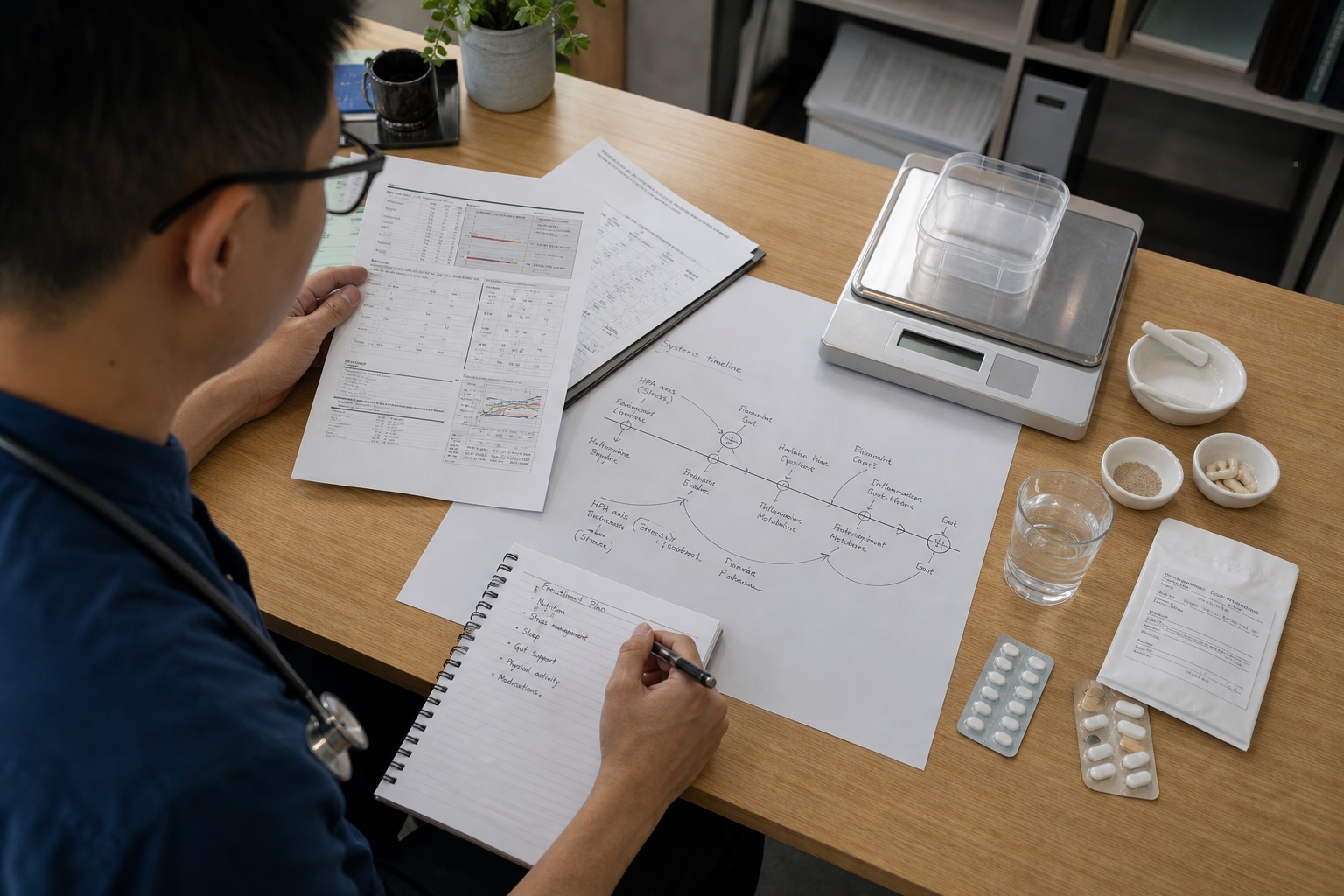A practitioner works between an upstream systems timeline, laboratory results, measured nutrients and an ordinary prescription.
