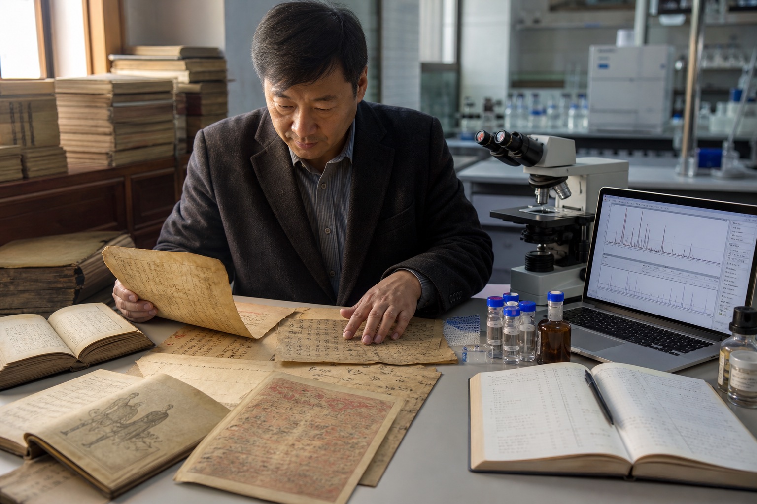 An Asian researcher compares aged medical-manuscript facsimiles with a microscope, sample vials and modern laboratory data.